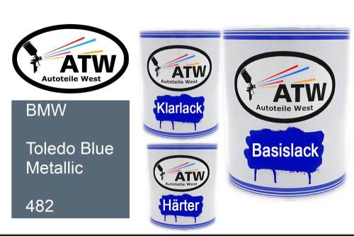 BMW, Toledo Blue Metallic, 482: 1L Lackdose + 1L Klarlack + 500ml Härter - Set, von ATW Autoteile West.